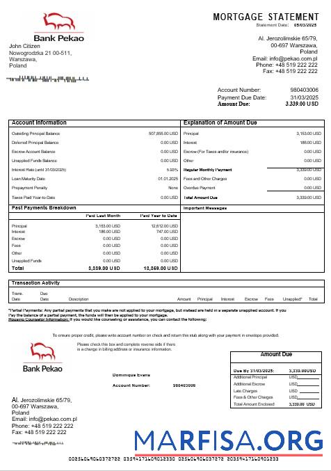 Printable Poland Bank Pekao S.A mortgage statement in Word and PDF formats example